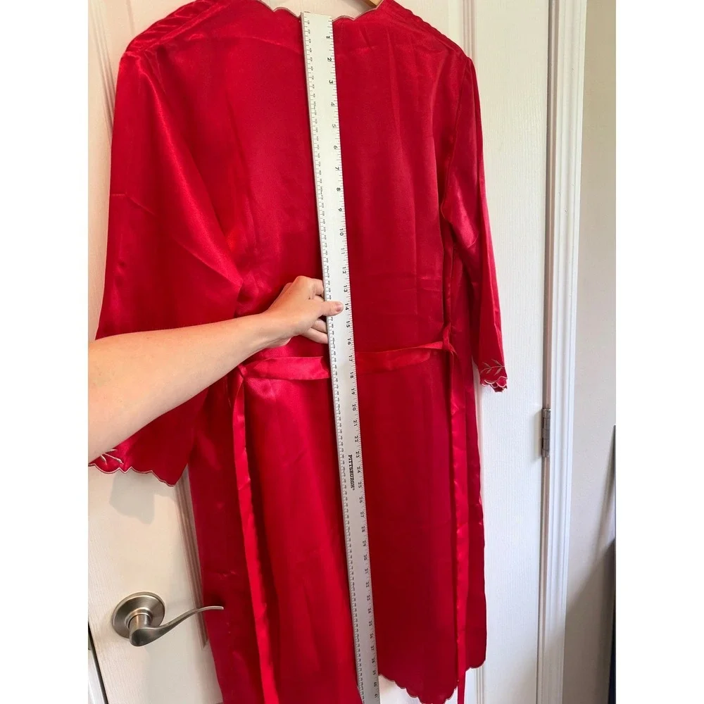 Vintage 100% Silk Peignoir Set Robe Nightgown Embroidered Red Floral Large